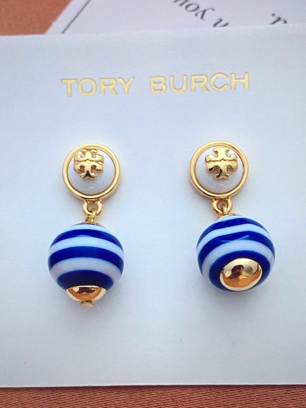 Tory Burch Blue & White Striped Drop Earrings with Gold Accents